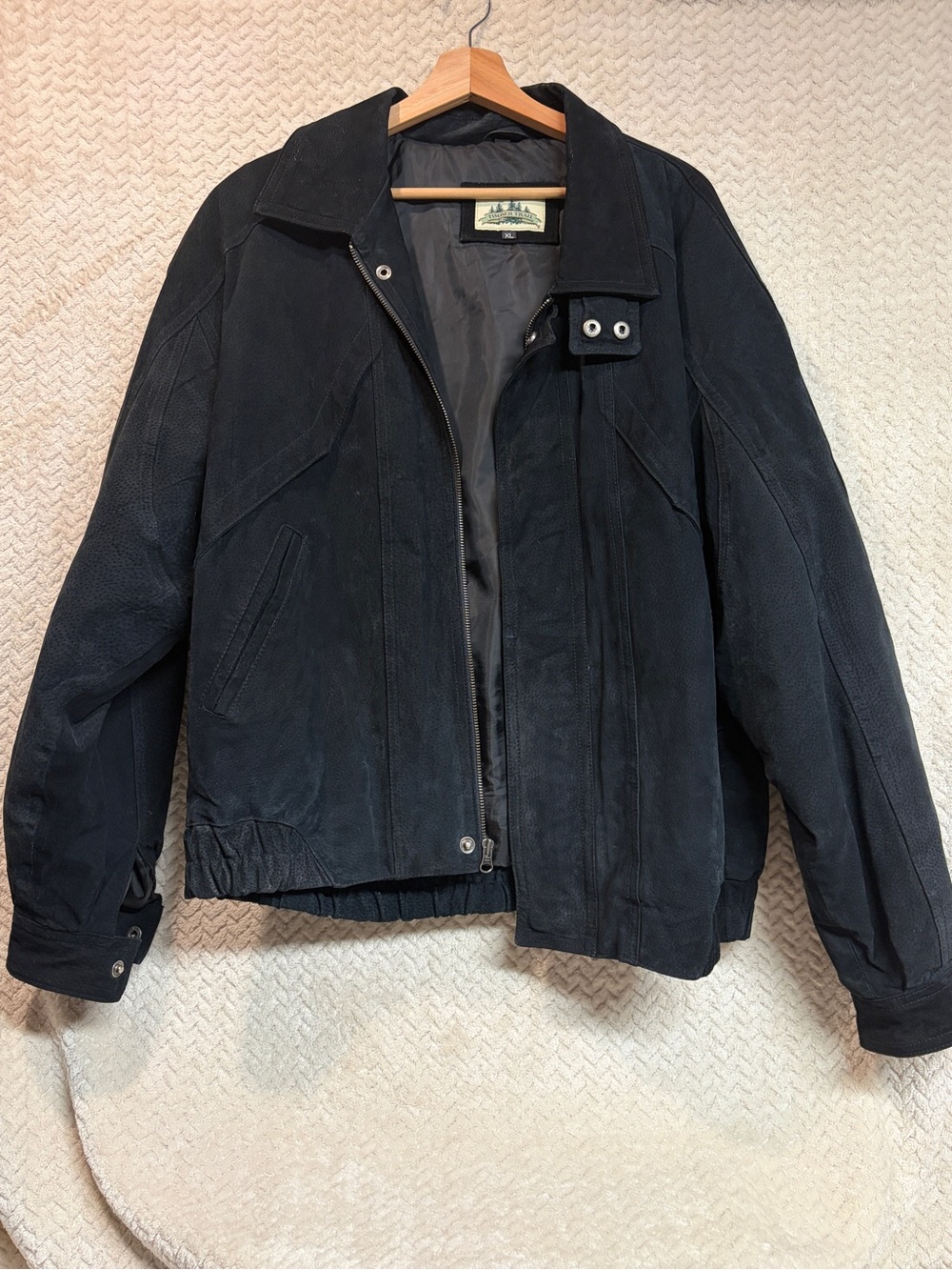 VTG 90s Timber Trail Black Leather Bomber Jacket XL Grunge‎ Gorpcore Utility